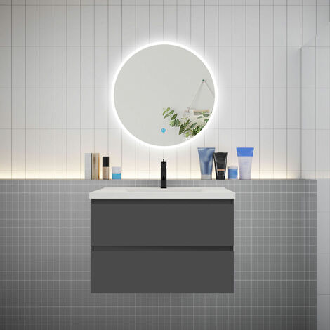 AICA Ensemble meuble vasque L.79cm 2 tiroirs + lavabo + LED miroir rond 70cm anthracite