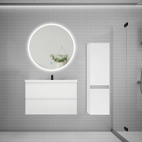 AICA Ensemble meuble vasque L.79cm 2 tiroirs + lavabo + LED miroir rond 90cm + colonne A blanc