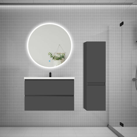 AICA Ensemble meuble vasque L.79cm 2 tiroirs + lavabo + LED miroir rond 90cm + colonne B anthracite