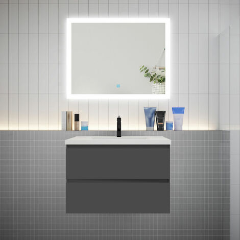 AICA Ensemble meuble vasque L.79cm anthracite 2 tiroirs + led miroir + lavabo