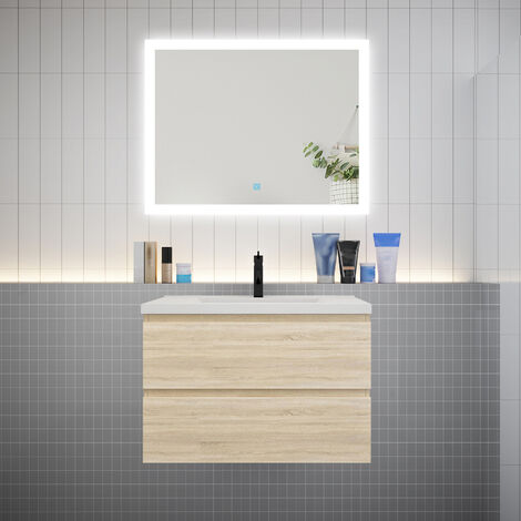 AICA Ensemble meuble vasque L.79cm chêne 2 tiroirs + led miroir + lavabo