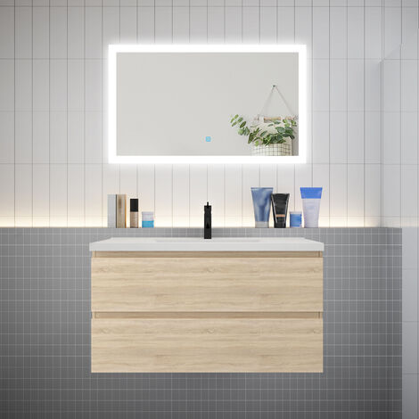 AICA Ensemble meuble vasque L.99cm chêne 2 tiroirs + led miroir + lavabo