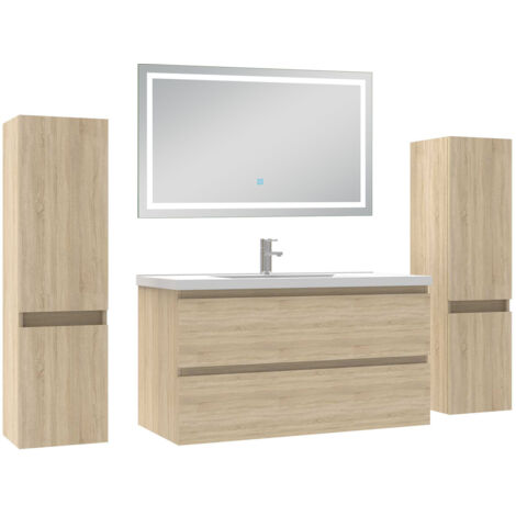 AICA Ensemble Meubles Salle de Bain 100cm avec colonne et miroir lumineux 3 couleurs Chêne