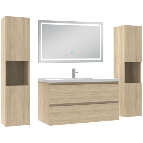 AICA Ensemble Meubles Salle de Bain 100cm avec colonne et miroir lumineux 3 couleurs et dimmable Chêne
