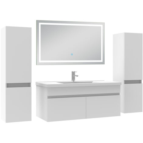 AICA Ensemble Meubles Salle de Bain 100cm avec colonne + miroir lumineux 3 couleurs Blanc