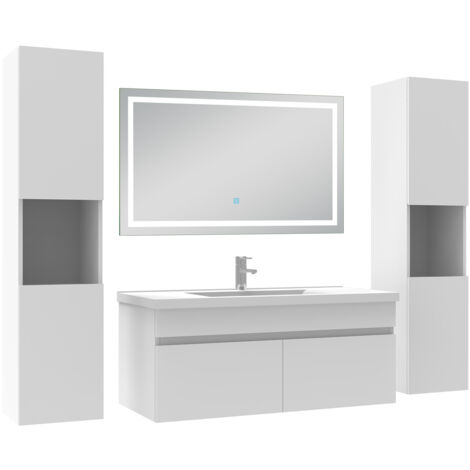 AICA Ensemble Meubles Salle de Bain 100cm avec colonne + miroir lumineux 3 couleurs + dimmable Blanc