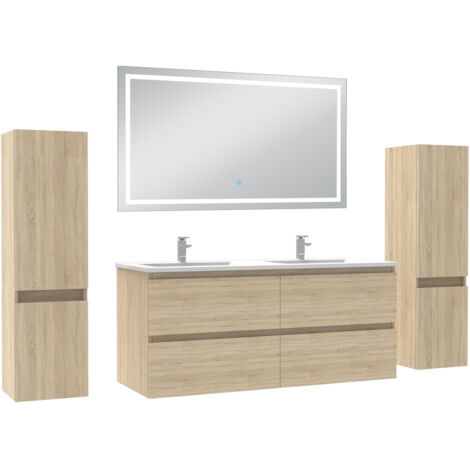 AICA Ensemble Meubles Salle de Bain 120cm avec colonne et miroir lumineux 3 couleurs Chêne