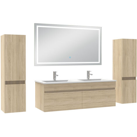 AICA Ensemble Meubles Salle de Bain 120cm avec colonne + miroir lumineux 3 couleurs Chêne