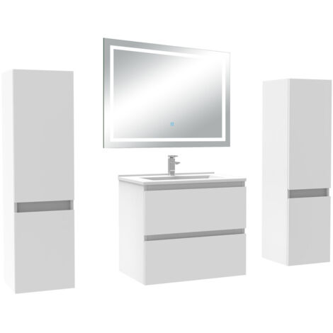 AICA Ensemble Meubles Salle de Bain 60cm avec colonne et miroir lumineux 3 couleurs Blanc