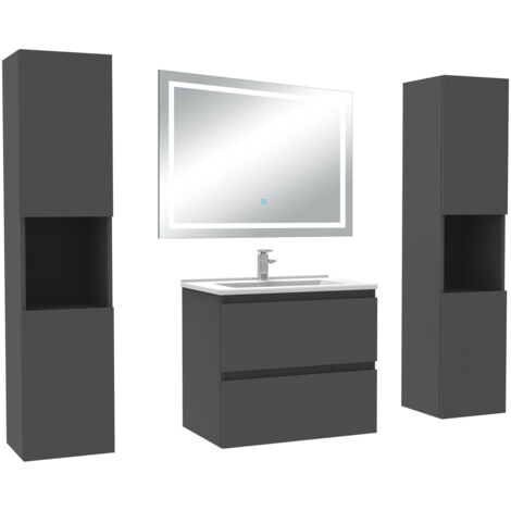 AICA Ensemble Meubles Salle de Bain 60cm avec colonne et miroir lumineux 3 couleurs et dimmable Anthracite