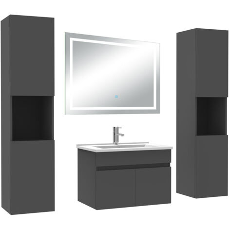 AICA Ensemble Meubles Salle de Bain 60cm avec colonne + miroir lumineux 3 couleurs + dimmable Anthracite