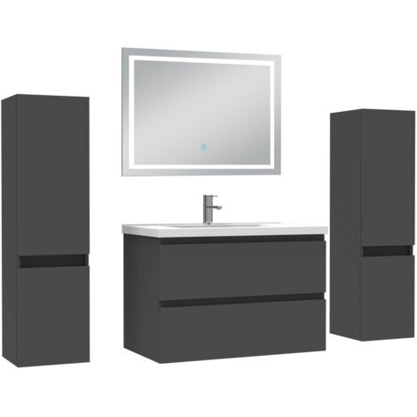 AICA Ensemble Meubles Salle de Bain 80cm avec colonne et miroir lumineux 3 couleurs Anthracite