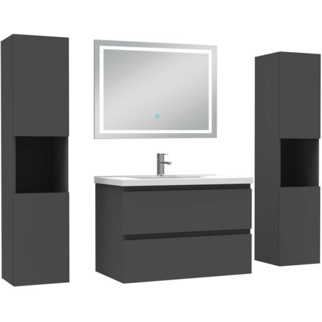 AICA Ensemble Meubles Salle de Bain 80cm avec colonne et miroir lumineux 3 couleurs et dimmable Anthracite
