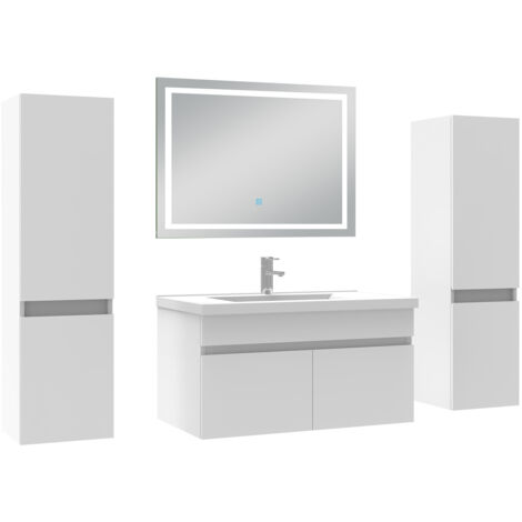 AICA Ensemble Meubles Salle de Bain 80cm avec colonne + miroir lumineux 3 couleurs Blanc