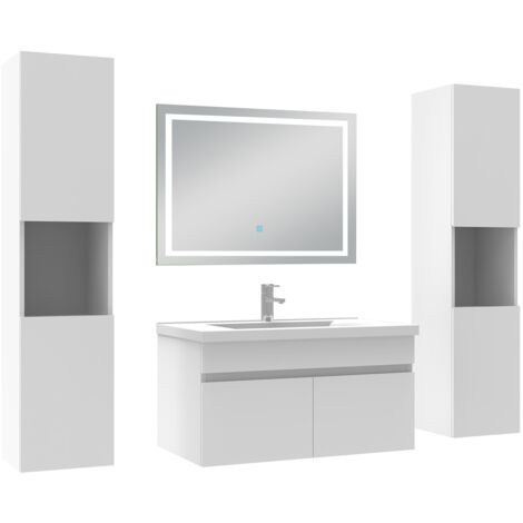 AICA Ensemble Meubles Salle de Bain 80cm avec colonne + miroir lumineux 3 couleurs + dimmable Blanc
