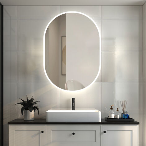 AICA ESPEJO DE BAÑO 450 x 900 mm, Espejo con luz tricolor, espejo con función de memoria agapada, antivaho, brillo ajustable, forma ovalada