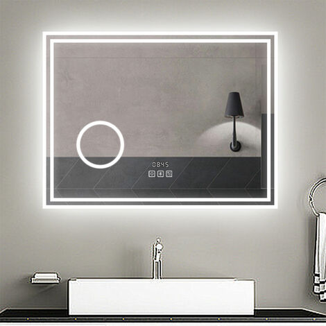 AICA Espejo de baño LED 80×60 cm+ Reloj + Lupa + Bluetooth
