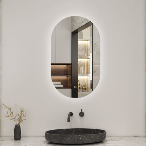 AICA Espejo LED de Baño Vidrio , 6000K Luz Blanca,Brillo ajustable,50×90cm，Función de memoria agapada, Interruptor Táctil y de Pared