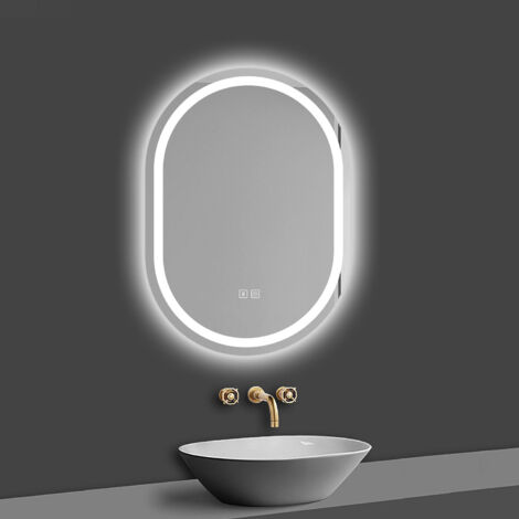 AICA Espejo ovalado de baño LED,50x70cm,con tres colores, función antinieble, bluetooth,  horizontal/vertical