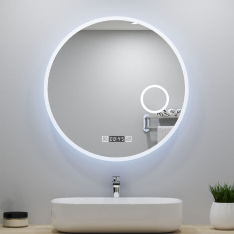 AICA Espejo redondo de baño LED,70x70cm,con tres colores,función antinieble,lupa y reloj,horizontal/vertical
