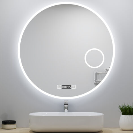 AICA Espejo redondo de baño LED,80x80cm,con tres colores,función antinieble,lupa y reloj,horizontal/vertical