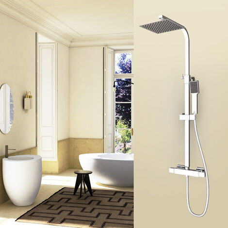 AICA Grifería de Columna de Ducha Termostática Toda Cuadrada, Barra Ajustable 80-120cm Ducha Lluvia