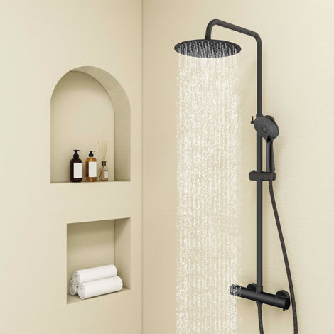 AICA ITALY Colonna Doccia con Miscelatore Termostatico, Sistema Doccia Antiscottatura, Set Doccia con Soffione 25cm a Pioggia e Doccetta a 3 getti, Altezza Regolabile 75-130cm nero