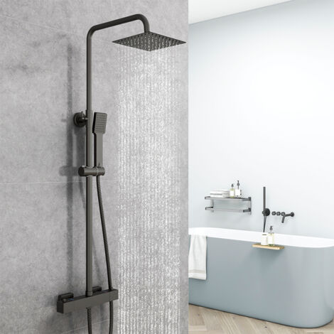 AICA ITALY Colonne Doccia Termostatiche, Sistema Doccia con Miscelatore Termostatico a 38℃, Colonna Doccia in Acciaio Inox con Doccetta Quadrata 220x64mm Altezza Regolabile 73-117cm Nero