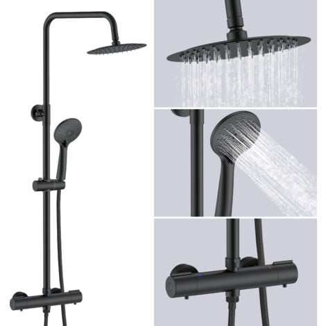 AICA Matte Black Mixer Shower Exposed Valve Themostatic Round Bar Set