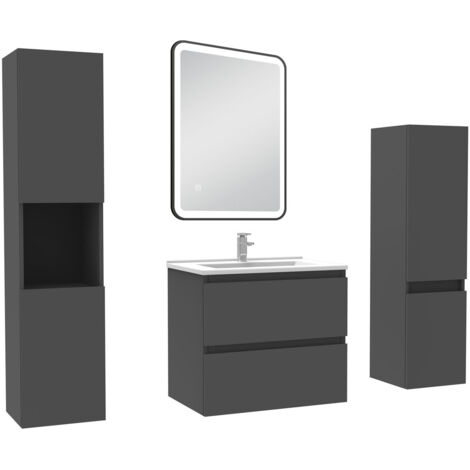 AICA Meuble Salle de Bain 60cm avec colonne + miroir lumineux 3 couleurs Anthracite