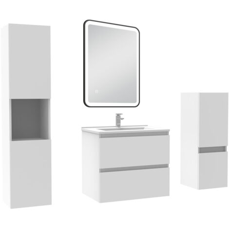 AICA Meuble salle de Bain 60cm avec colonne + miroir mural lumineux 3 couleurs Blanc