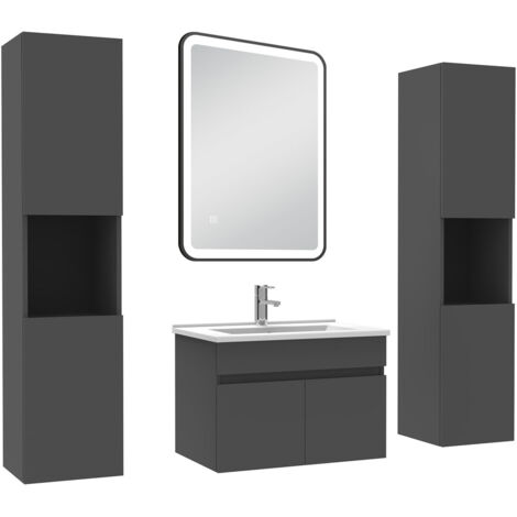 AICA Meuble simple vasque 60cm avec colonne + miroir 3 couleurs + dimmable anthracite