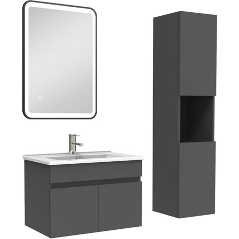 AICA Meuble simple vasque 60cm avec colonne + miroir lumineux 3 couleurs anthracite