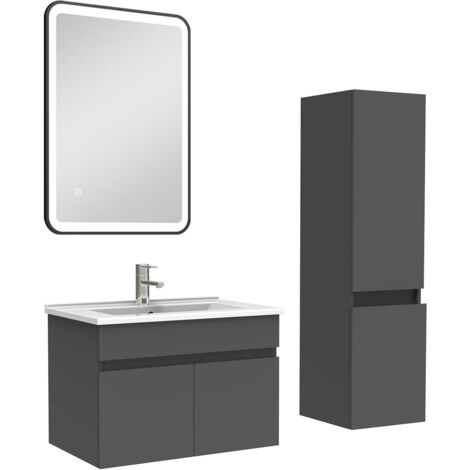 AICA Meuble simple vasque 60cm avec colonne + miroir lumineux anthracite