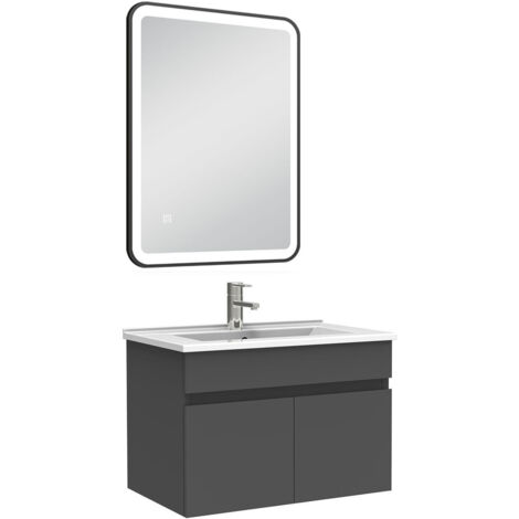 AICA Meuble simple vasque 60cm avec miroir 3 couleurs + dimmable anthracite