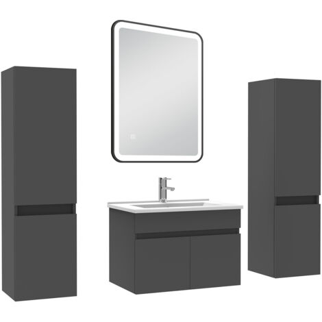 AICA Meuble simple vasque anthracite 60cm avec colonne + miroir 3 couleurs + dimmable