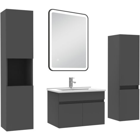 AICA Meuble simple vasque anthracite 60cm avec colonne + miroir lumineux 3 couleurs + dimmable