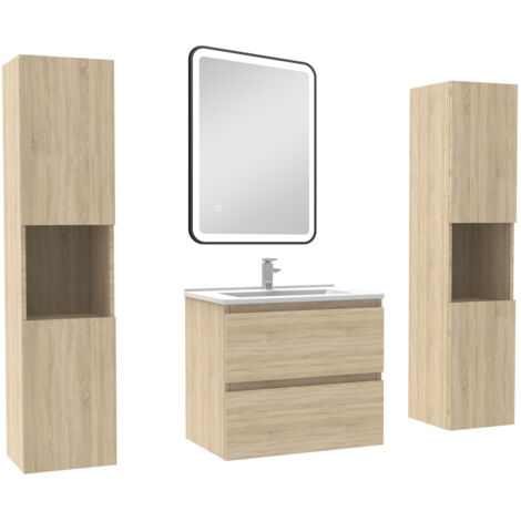 AICA Meubles Salle de Bain 60cm avec colonne + miroir lumineux 3 couleurs + dimmable Chêne