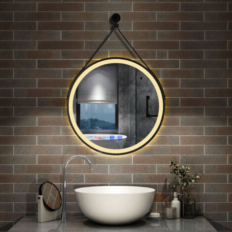 AICA Miroir de salle de bain à 3 couleurs avec fonction mémoire et anti-buée avec ceinture noire amovible 60cm