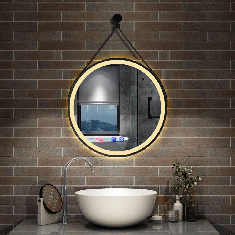 Aica Sanitaire - aica Miroir de salle de bain à 3 couleurs avec fonction mémoire et anti-buée avec ceinture noire amovible 50cm