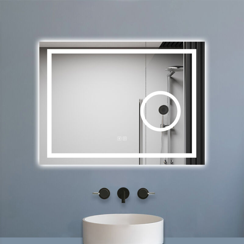 Aica Miroir de salle de bain Bluetooth 80x60 cm, LED tricolore + loupe + mémoire + dimmable + anti-buée, IP44