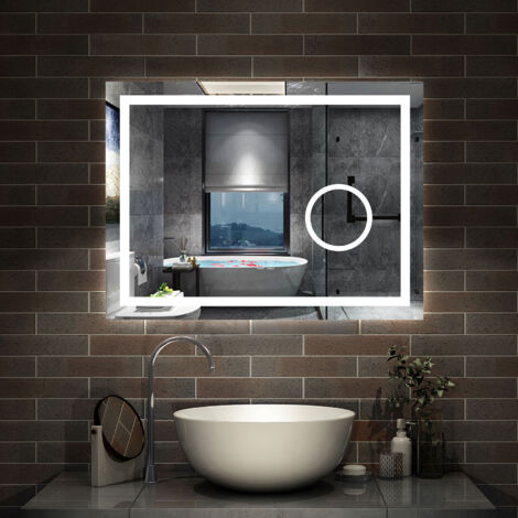 AICA Miroir de salle de bain Bluetooth 80x60 cm, Lumineux 3 Colours et loupe et Mémoire et Dimmable et Anti-Buée, CE//IP44