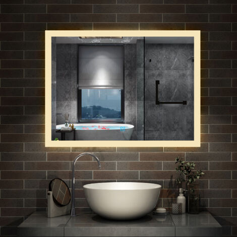 AICA Miroir de salle de bain LED 80x60cm 3 Couleurs Dimmable Fonction Mémoire et Anti-buée