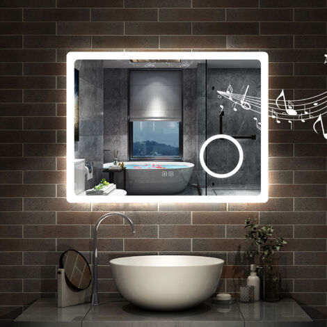 AICA Miroir de salle de bain Lumineux 100x60cm tricolor Anti-Buée et bluetooth et loupe 3x,Mémoire et Lumineux Dimmable