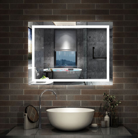AICA Miroir de salle de bain Lumineux Bluetooth 100x60 cm, 3 Colours et Horloge et Dimmable et Anti-Buée