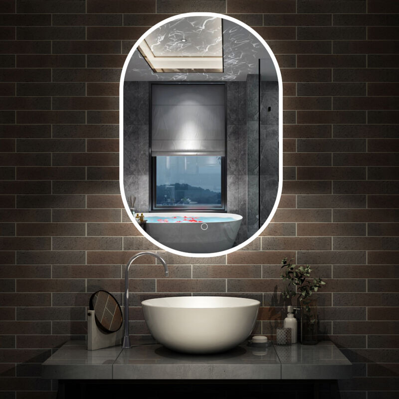 Aica Sanitaire - aica Miroir de salle de bain ovale 60x80cm étanche éclairé 6000k blanc luminosité ajustable avec anti-buée et mémoire