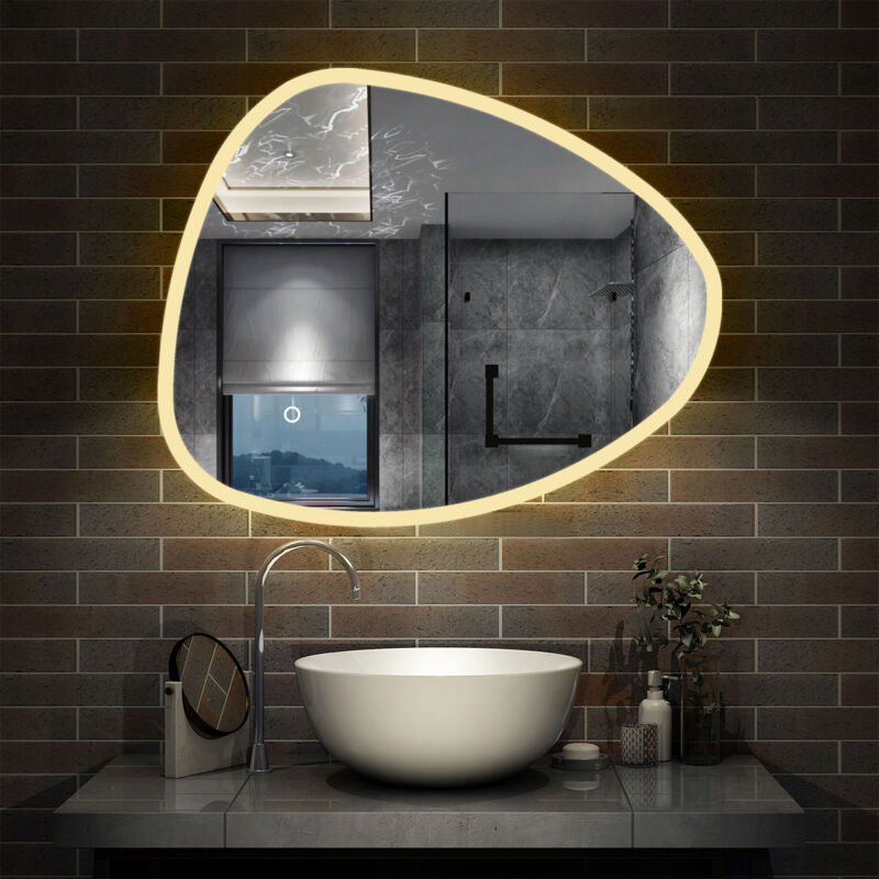 Aica Sanitaire - aica Miroir hétéromorphe 80x55cm tactile tricolore à led avec fonction antibuée et mémoire dans la salle de bains