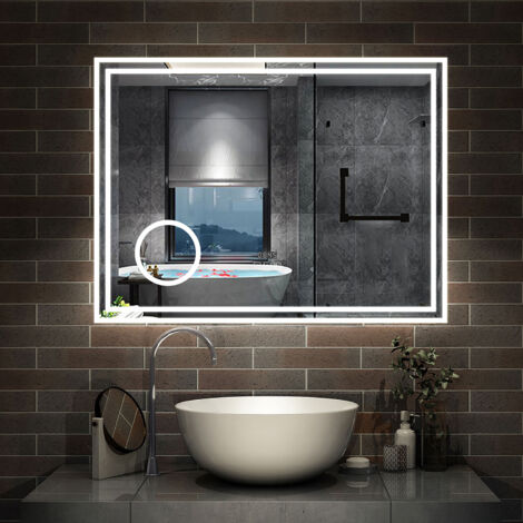 AICA Miroir salle de bain Lumineux 80x60cm 3 colours et Dimmable et 3x Loupe et Bluetooth et Horloge et Anti-Buée