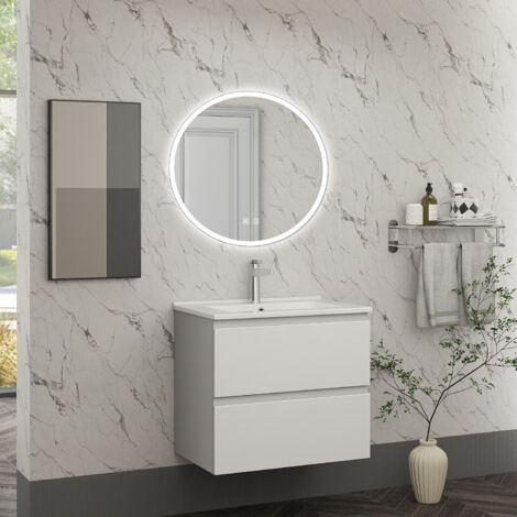 AICA Mobiliario de Baño Mueble de Baño con Lavabo y Espejo LED,Mueble Blanco 60 x 38.5 x 52 cm,Espejo con Luz LED Tricolor 60 x 60 cm