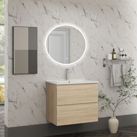 AICA Mobiliario de Baño Mueble de Baño con Lavabo y Espejo LED,Mueble Roble 60 x 38.5 x 52 cm,Espejo con Luz LED Blanca 60 x 60 cm